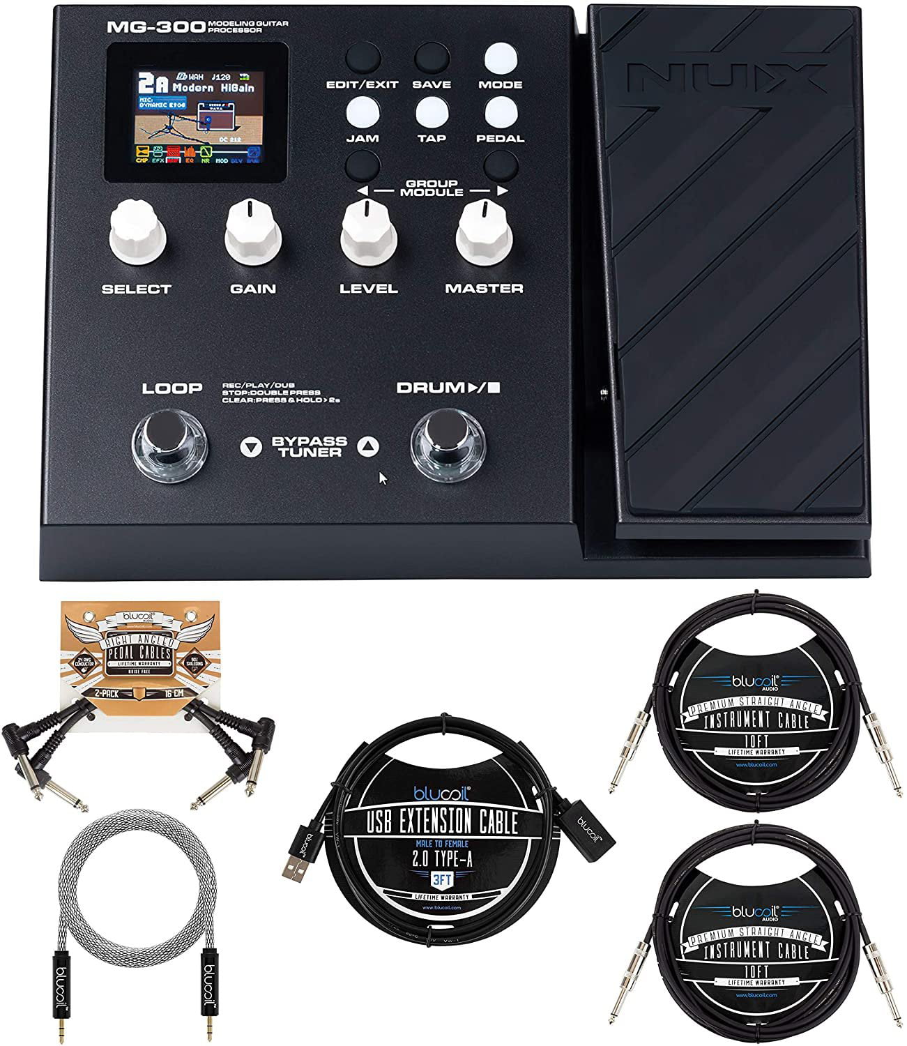 NUX MG-300 Multi Effects Pedal for Guitars with Blucoil 2x 10