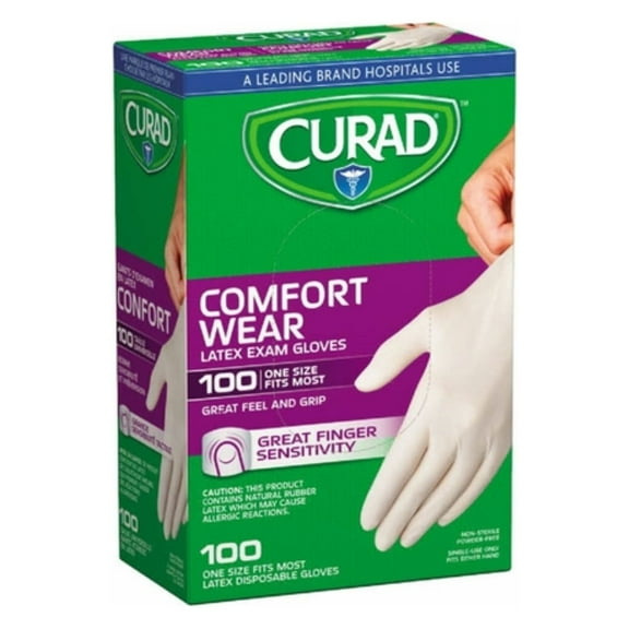 Curad Comfort Wear Latex Exam Gloves, One Size Fits Most, 100 Count