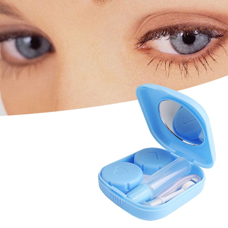 Contact Lens Case Travel Kit Contact Box Holder Soak Storage Container with  Mirror Bottle Tweezers Stick Remover Tool,Blue 