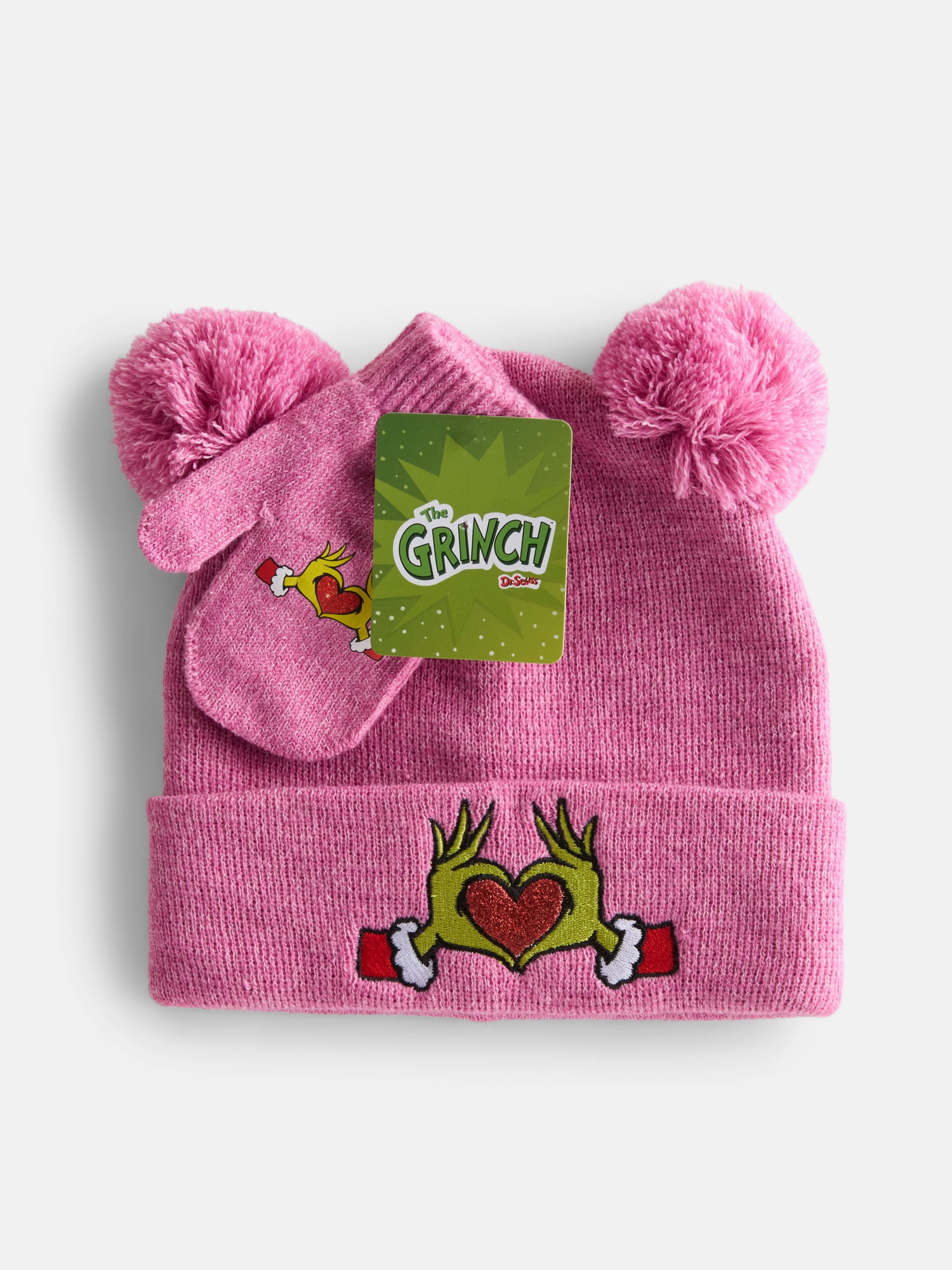 The Grinch Toddler Girls Pom Pom Beanie and Mittens Set, 2 Piece, One Size