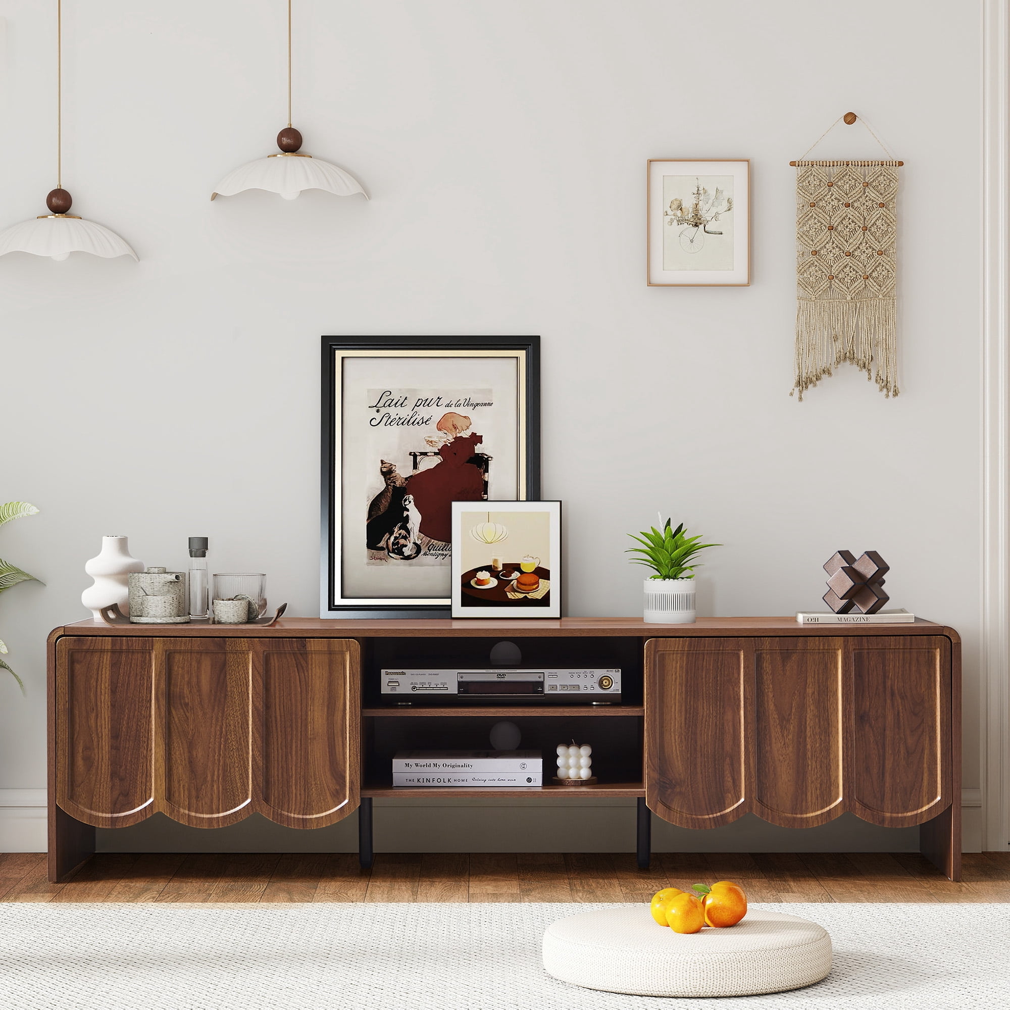 YOCWO TV Stands for 65 inch tv, TV Stand with Sliding Wave Doors, Wood Entertainment Center for TVs, Media Console Cabinet with Open Storage for Living Room, Walnut