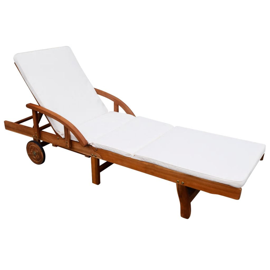 Lowestbest Sun Lounger with Cushion, Solid Wood Chaise Lounge Chair with 2 Wheels