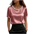 thumbnail image 5 of AUNVITO Women's Casual Professional Blouse Round Neck with Pearl Decoration Short Sleeve Comfortable Summer Top, 5 of 6