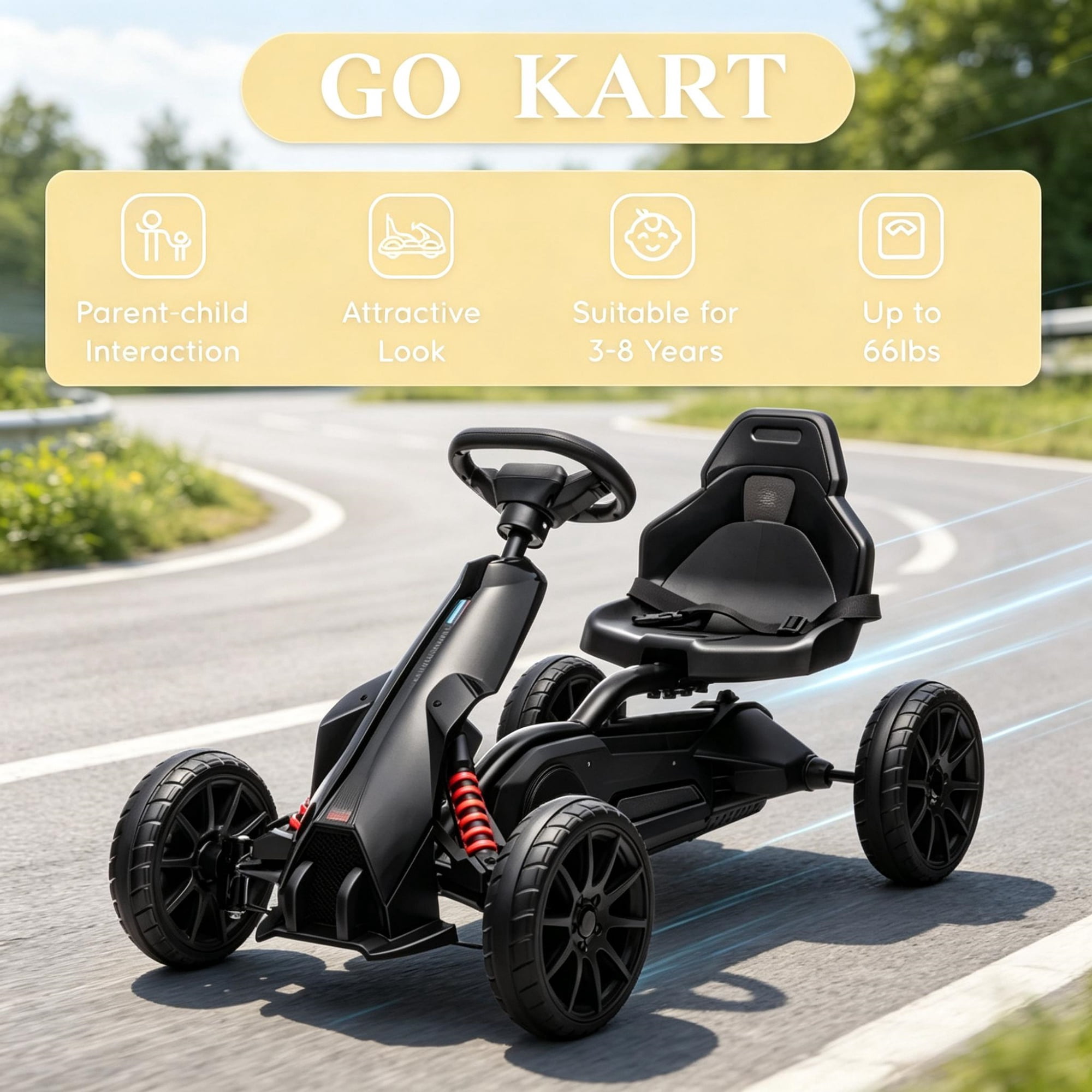Kids Pedal Go Kart, Adjustable Seat, Durable Swing Axle, Safe Outdoor Ride-On Toy, Black