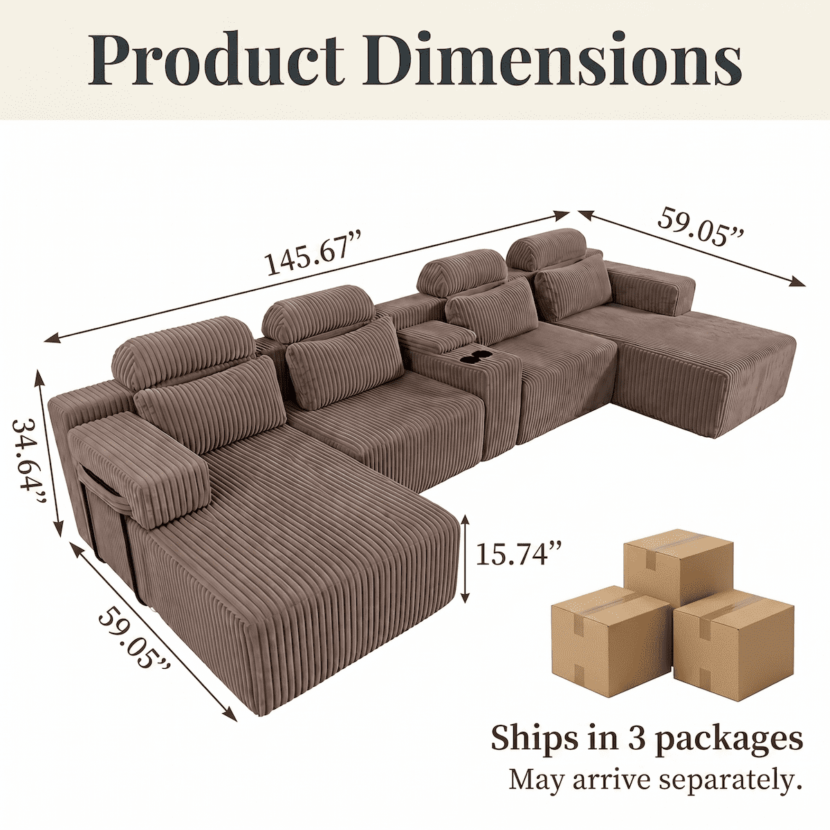 Xiweot Cloud Couch Modular Sectional Sofa, 146" Oversized 6 Seat U Shaped Convertible Couch with Chaise, Cup Holders & Storage, Corduroy Comfy Upholstered Deep Seat Sofa for Living Room, Coffee