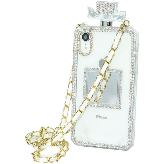Compatible with iPhone XR Case, Perfume Bottle Cover with Necklace Neck Wrist Chain String Luxury Bling 3D Glitter Crystal Diamonds Rhinestone Shell for Apple iPhone XR 6.1 inch
