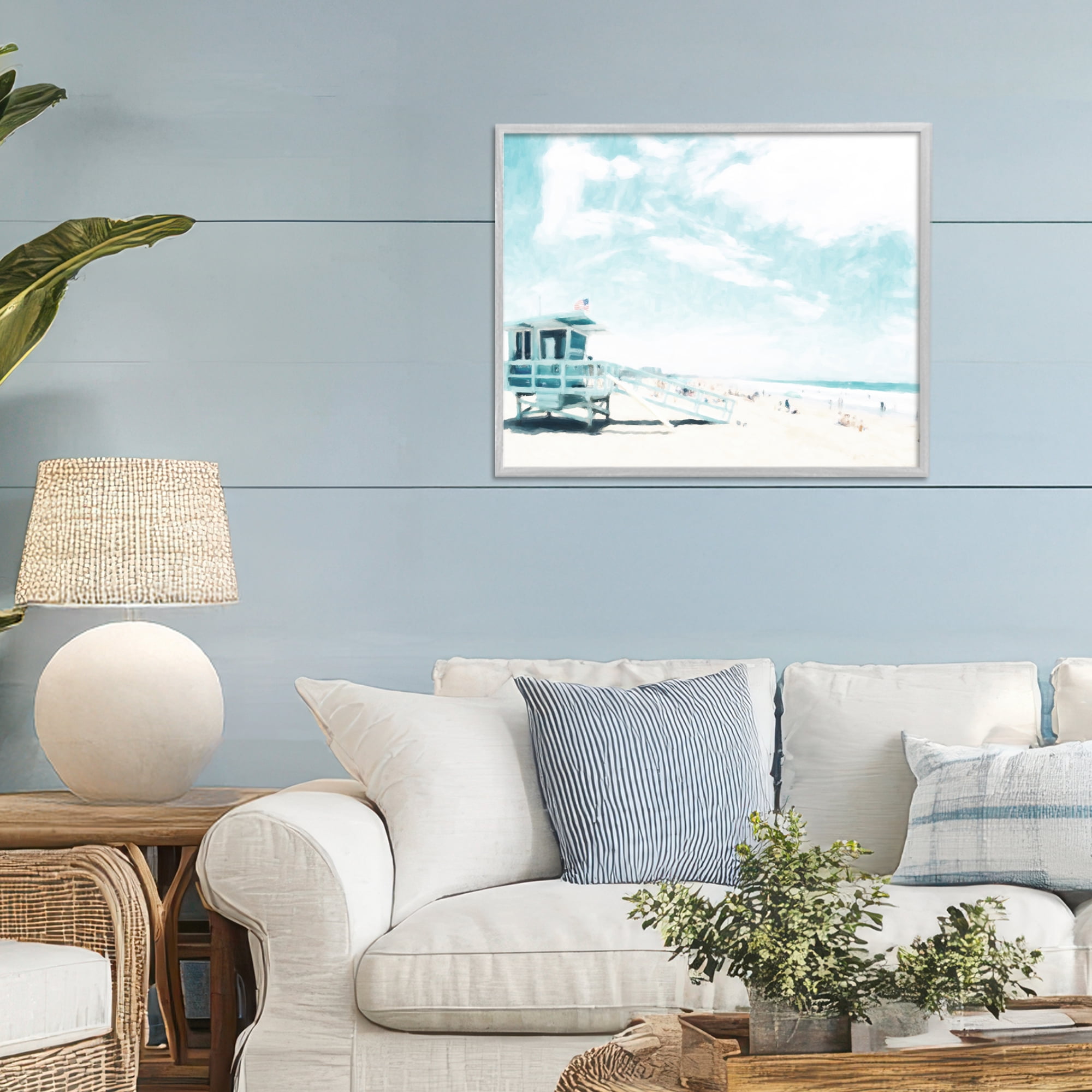 Stupell Industries Blue Beach Station Gray Framed Giclee Art, design by Kim Curinga