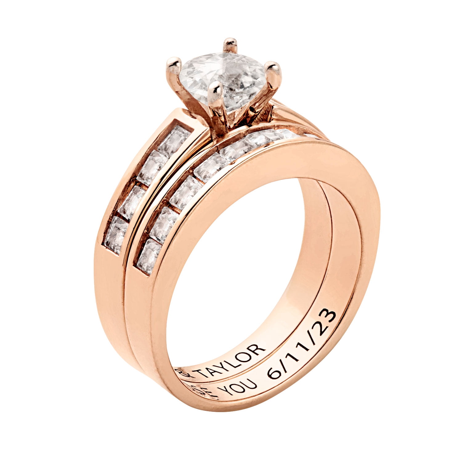Vow & Forever Personalized Planet Bridal 14K Rose Gold over Sterling Silver Brilliant White Topaz 2 Piece Engraved Wedding Set ,Women's