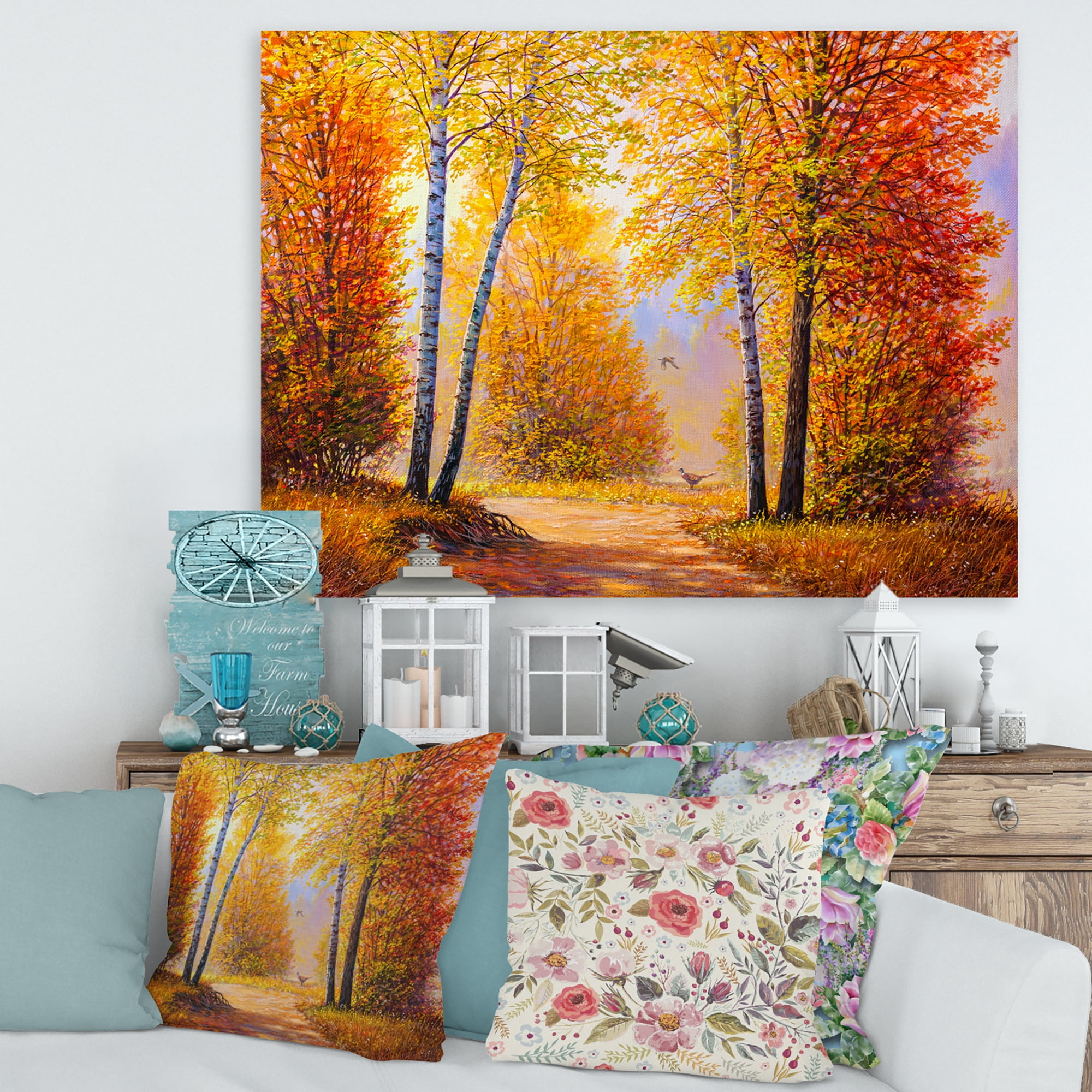 Designart ' Sunrise Glow Through The Autumn Trees ' Lake House Canvas Wall Art Print