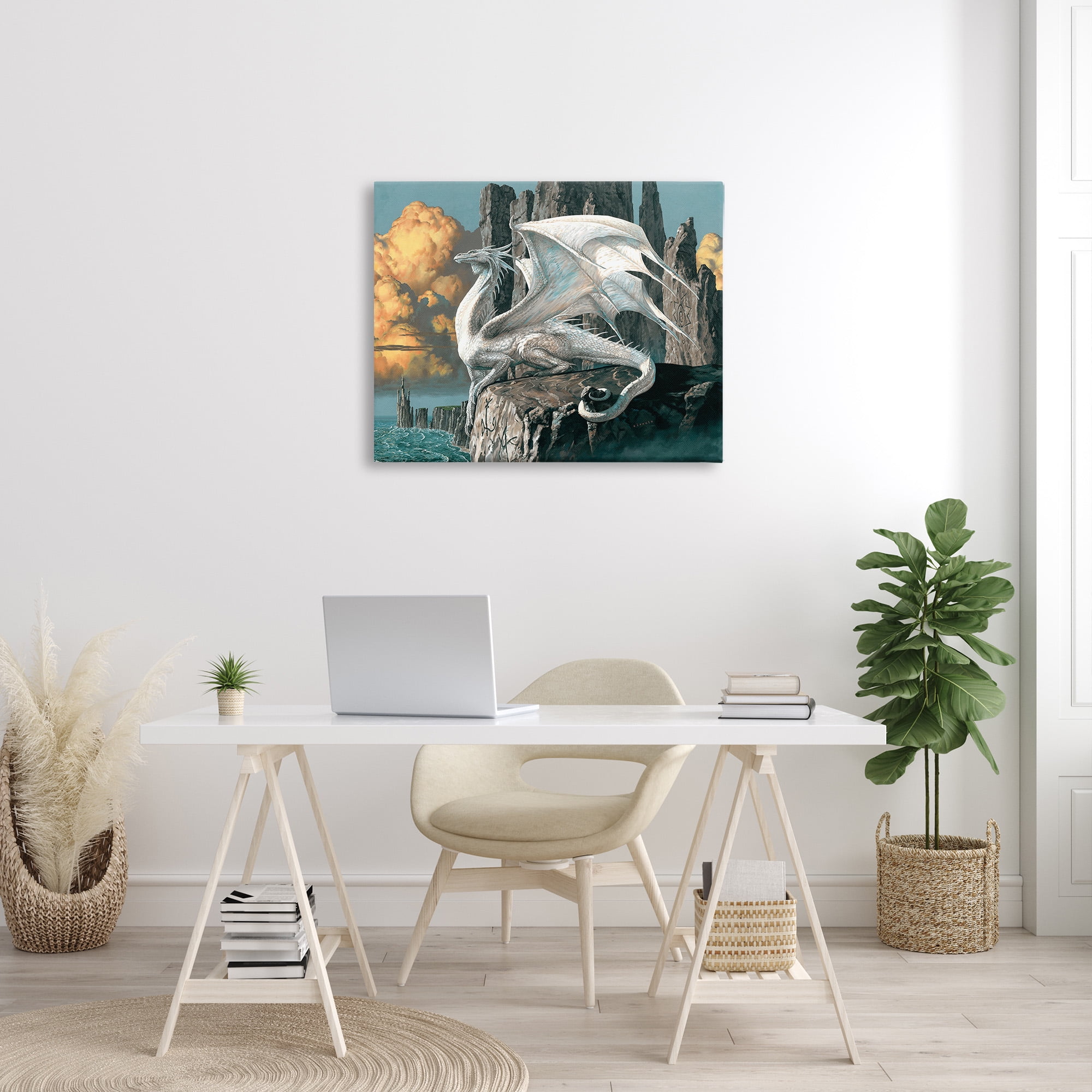 Stupell Industries Dragon Perched on Cliff Fairy Tales & Fantasy Painting Gallery Wrapped Canvas Art Print Wall Art, 40 x 30