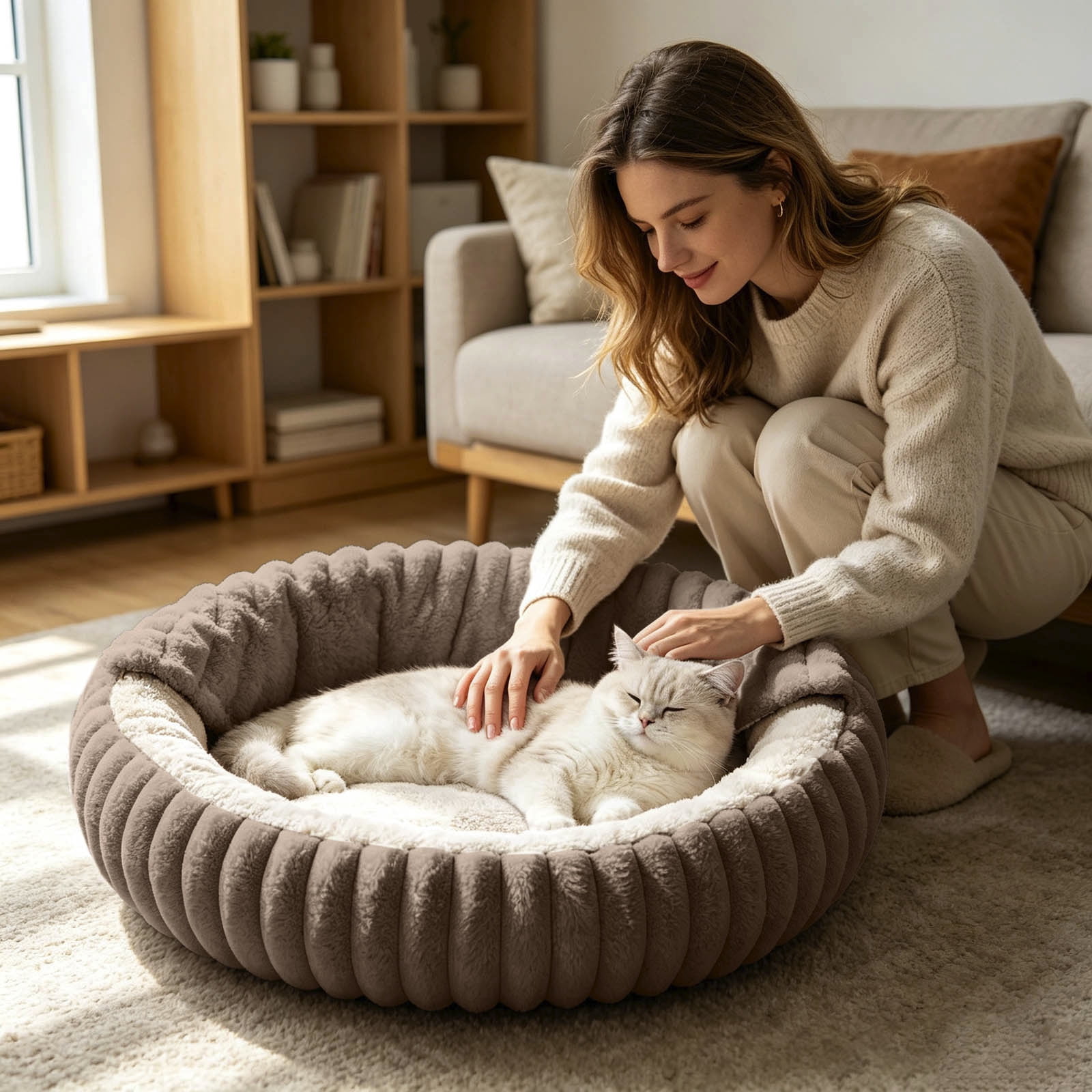 Hooded Cat Bed Round Cuddler Cave, Anti-Anxiety Warm Sleeping Kennel ...