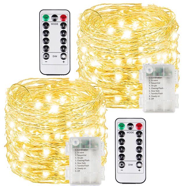 Luces de cadena BOSSERN 2 paquetes, 200 LEDs, batería, luz blanca cálida