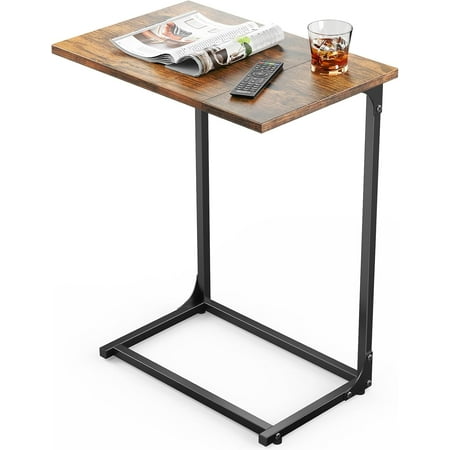 C-Shaped Side Table C Table for Sofa with Two-Piece Desktop & Metal Large Surface End Table for Living Room Bedroom Bedside Rustic Design