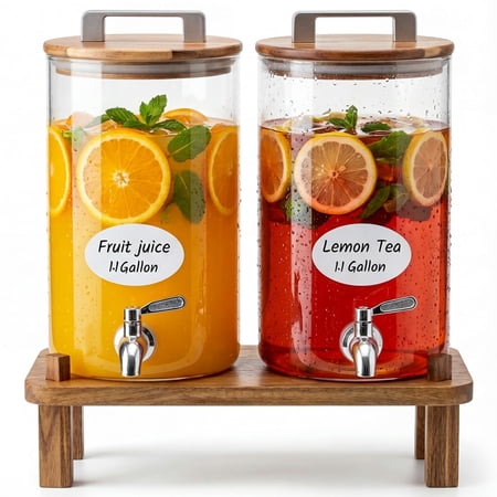 2-Pack 1.1 Gallon Borosilicate Glass Beverage Dispensers with Wood Stand for Parties