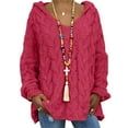 thumbnail image 4 of ManxiVoo Women's Chunky Cable Knit Hooded Pullover with V Neck and Long Sleeve Oversized Loose Fit for Cozy Winter Days M Size Watermelon Red, 4 of 6