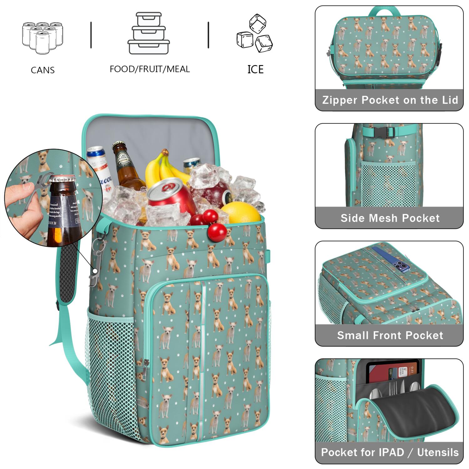 Travel Cooler Bag - Chihuahua and Footprints Camping Beer Cooler Backpack with Bottle Opener- Waterproof Insulated Picnic Backpacks - Cooler Bag for Beach