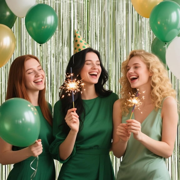 Green Metallic Foil Fringe Curtain Backdrop, 4-pack Tinsel Shimmer Wall Decorations for Birthday Wedding Bridal Shower Bachelorette Party Supplies