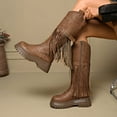 thumbnail image 3 of Winter Fall Studded Fringe Platform Wide Mid Calf Boots for Women Boho Ethnic Chunky Knee High Cowboy Cowgirl Riding Tall Boots, 3 of 7