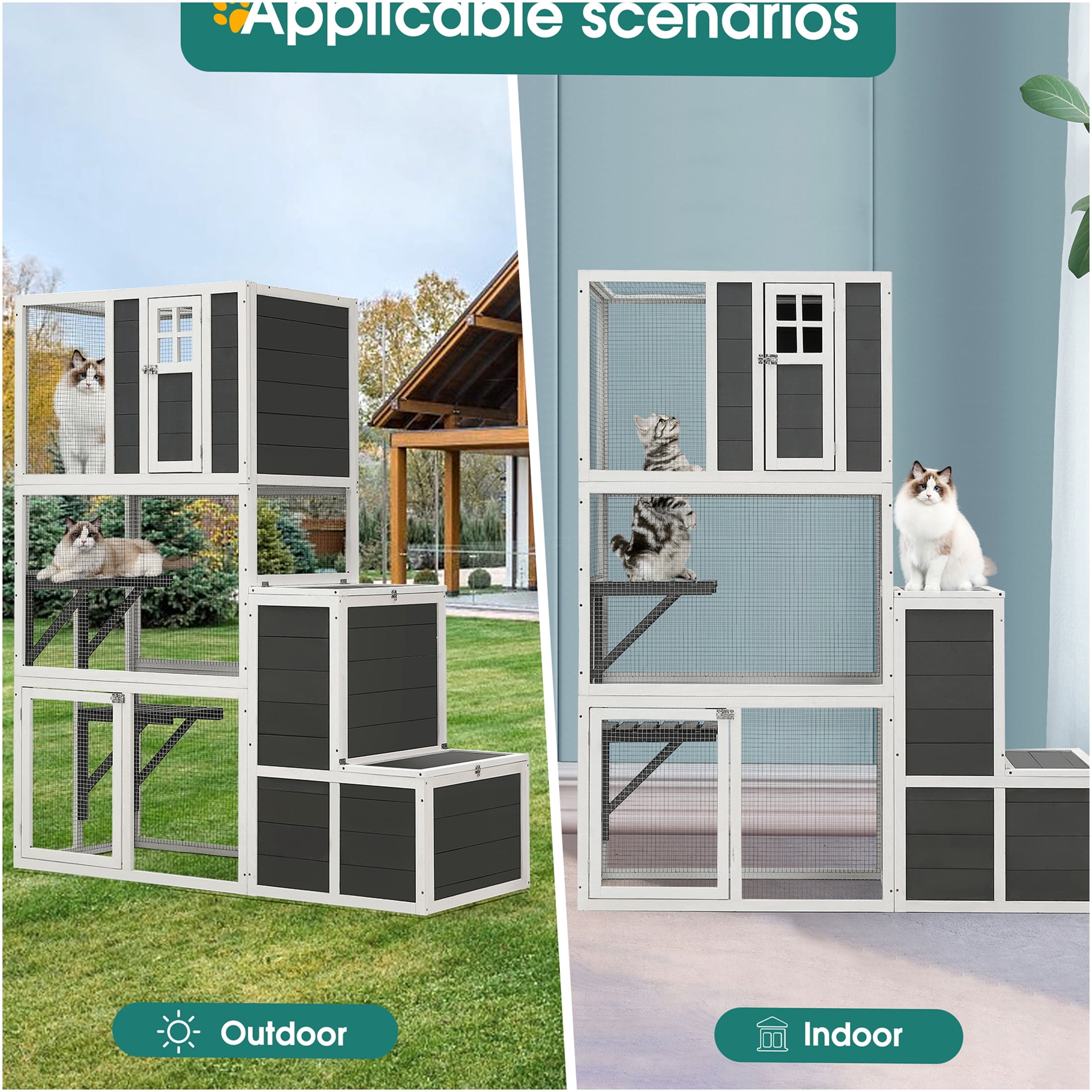 JERFIT 3-Tier Cat House with 4 Platforms & Jump Box, 71" Tall Indoor/Outdoor Wooden Kitty Condo Enclosure for Multiple Cats, Gray