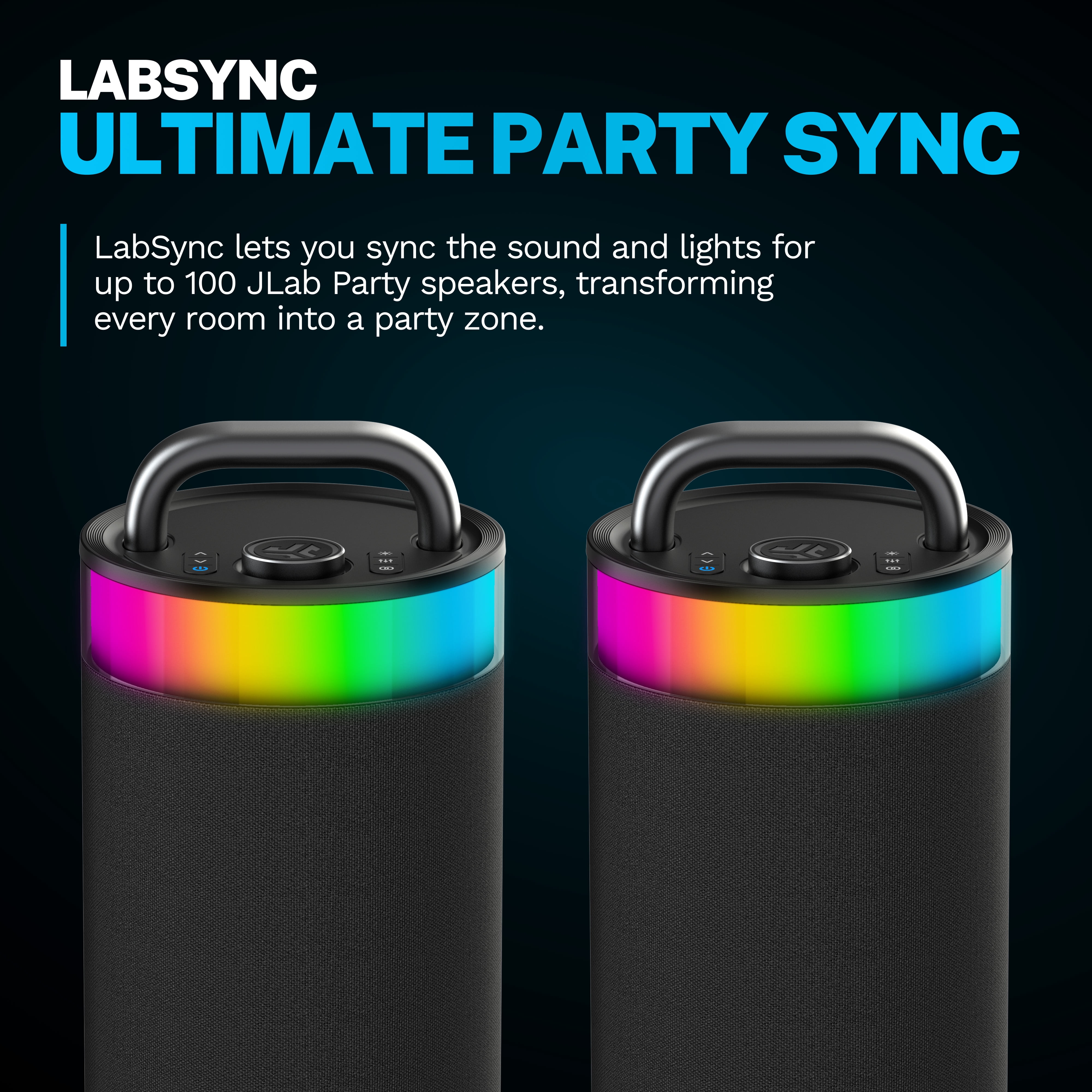 JLab Epic Party Portable Bluetooth Speaker, 100W, Built-in RGB Lights, Splashproof, Black