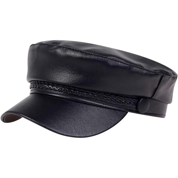 CoCoMangos Women PU Leather Newsboy Cap Black Captain Sailor Hat Adjustable Chauffeur Hat Cabbie Baker Boy Cap