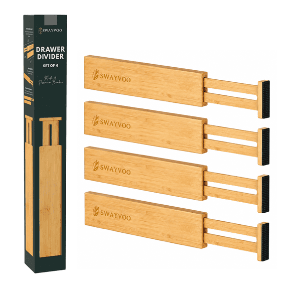 Swayvoo Expandable Bamboo Drawer Dividers – 4-Pack Adjustable Drawer Organizer Separators for Kitchen, Bedroom, Bathroom, Cabinet, Office & Dresser Storage (17–22", Natural)