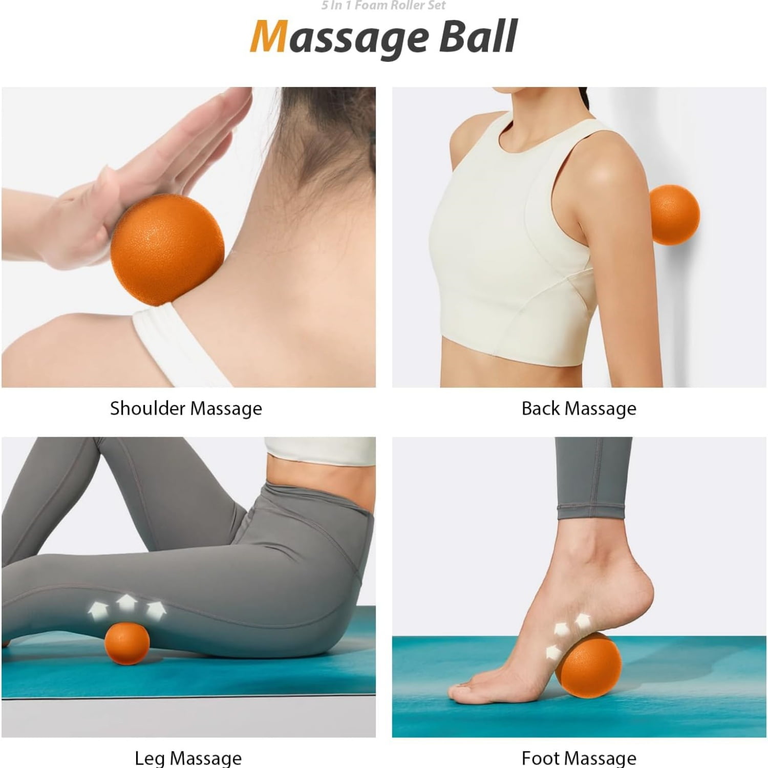 5 in 1 Foam Roller Set for Deep Tissue Muscle Massage, Trigger Point Fitness Exercise Foam Roller, Massage Roller, Massage Ball, Stretching Strap, for Whole Body