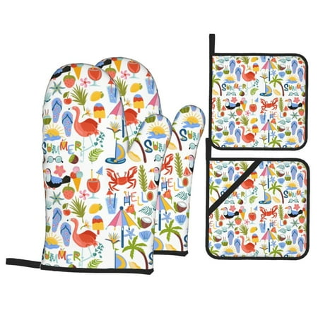 

Oven Mitts and Pot Holders Sets 4 pcs - Hello Summer2 Heat Resistant Silicone Oven Gloves with Non-Slip Silicone Surface and hot pads for kitchen Baking Cooking BBQ