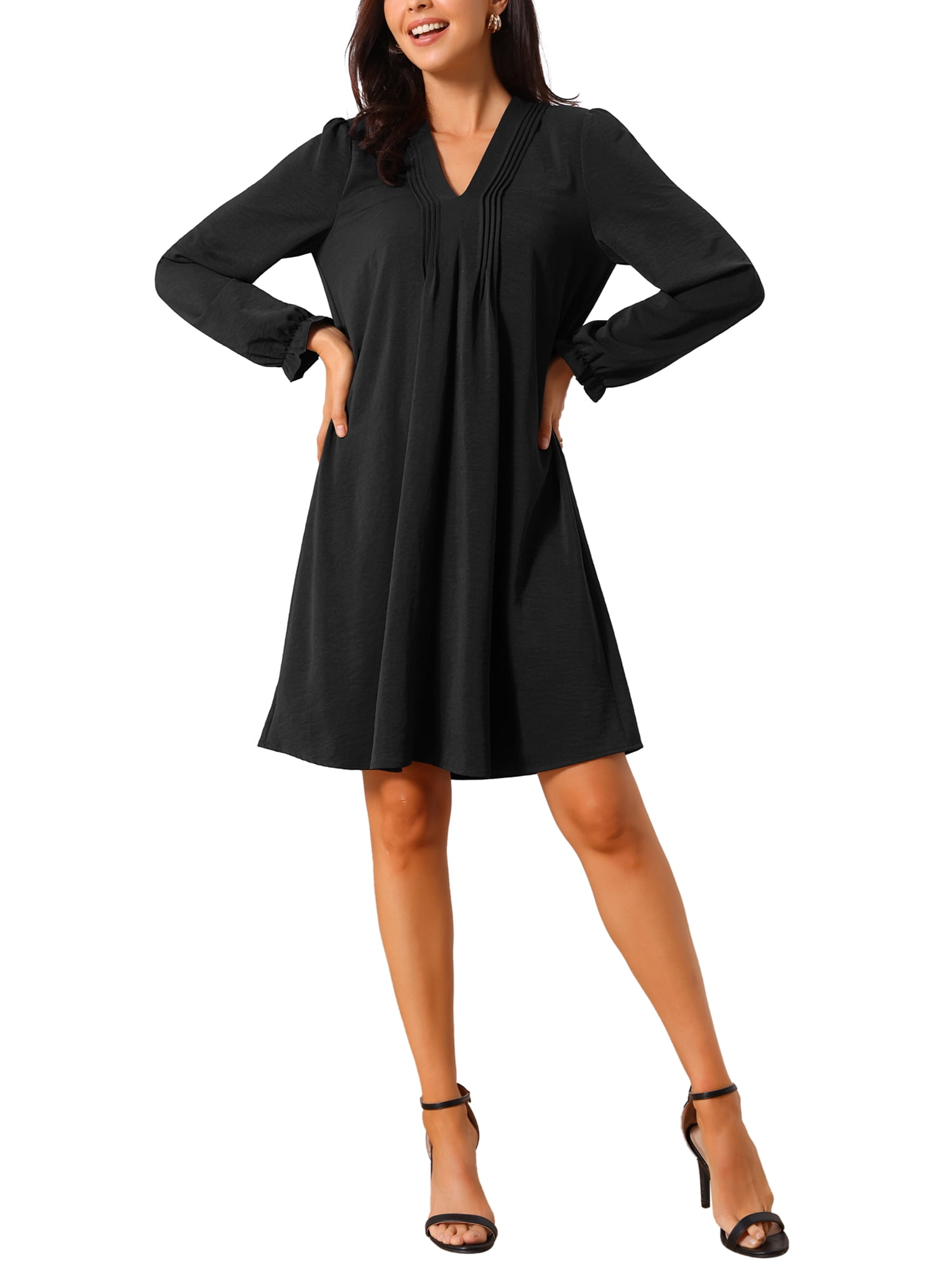 DARING DIVA Women's Casual Knee Length V Neck Pleated Flowy Shirt Dress XL Black