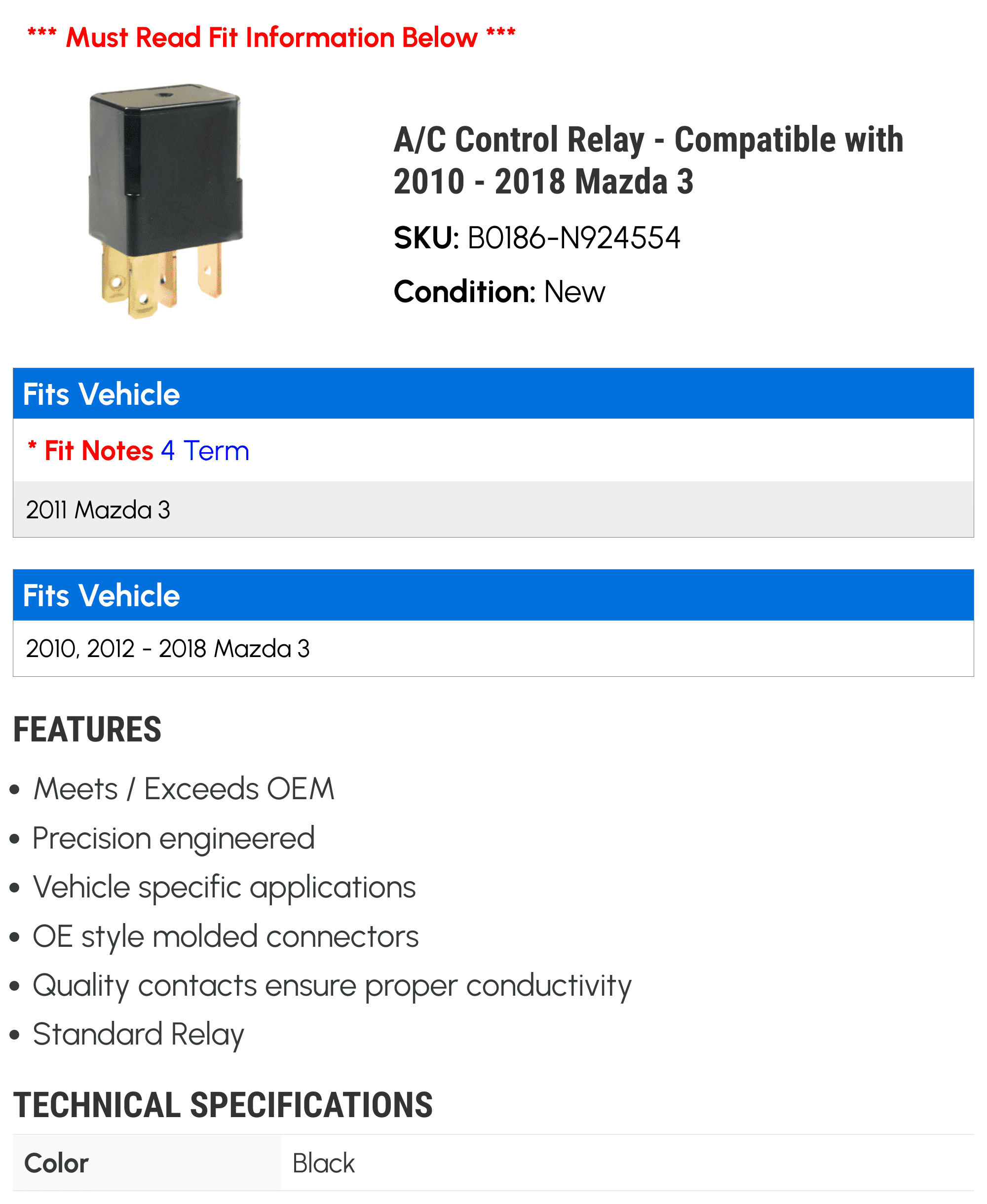 A/C Control Relay - Compatible with 2010 - 2018 Mazda 3 2011 2012 2013 2014 2015 2016 2017