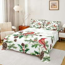 Manfei Merry Christmas Twin Sheet Sets for Kids, Cartoon Robin Bird Twin Fitted Sheet, Jungle Leaf Plant Flat Sheet, Lightweight Room Decor, 3-Piece