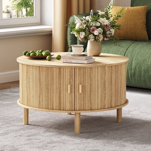 Modern Round Storage Coffee Table, Natural Fluted Table with 360° Curved Sliding Doors & Solid Wood Legs for Living Room, Apartment, Home Office