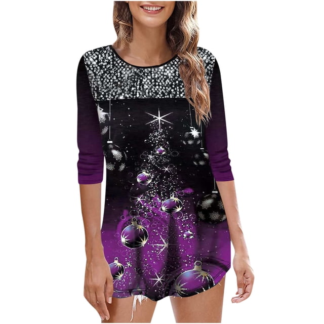 Pompotops T-Shirt Décontracté à Manches Longues pour Femmes, Col Rond, Imprimé de Noël, Blouse Pull