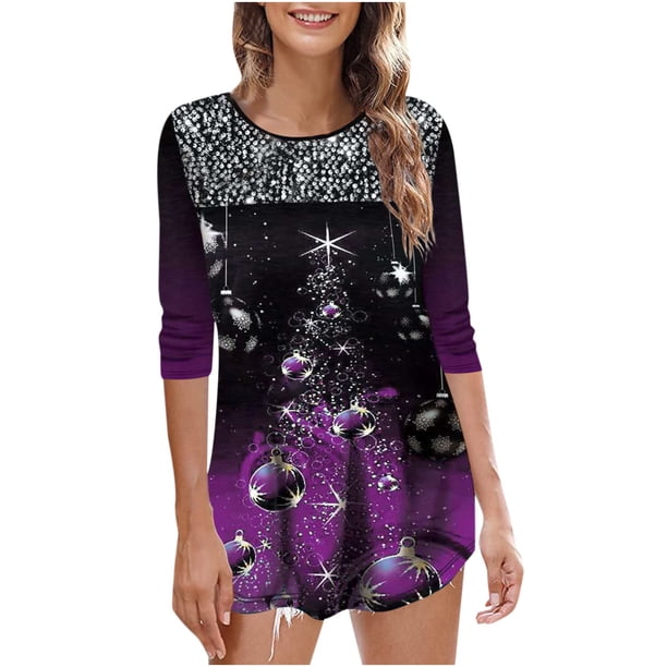 Camisas Navideñas Para Mujer, Blusas de Manga Larga, Informales, Con Cuello en O, Blusa Estampada Odeerbi ODB206492