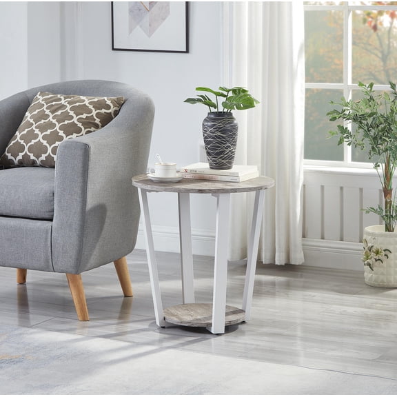 LifeSky Contemporary Round End Table: Gray MDF Shelf Side Table - Modern Living Room & Bedroom Decor - Sturdy Metal Base for Compact Storage