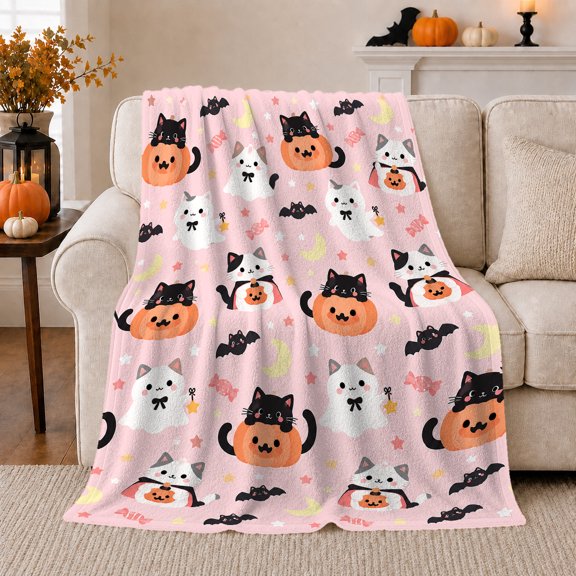 Pumpkin Cats And draped fantasy figure Cats With Bats, Soft Flannel Blanket with Simple Kawaii Cartoon Print, Housewarming Gift and Home Decor for Bedroom and Living Room