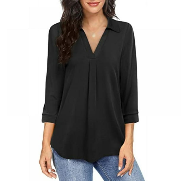 Women's Business Casual V Neck Solid Three Quarter Sleeve Chiffon Work