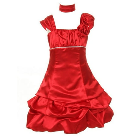 Huncho Girls Red Shiny Satin Taffeta Pick-Up Junior Bridesmaid Dress
