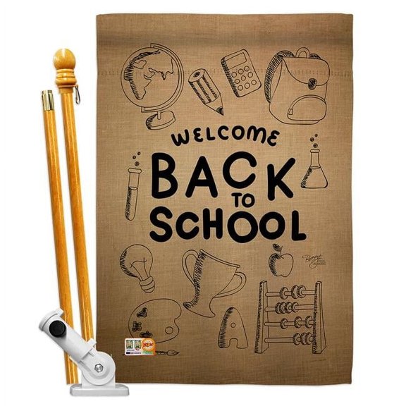 Breeze Decor BD-SE-HS-115106-IP-BO-D-US16-BD 28 x 40 in. Vertical Welcome Back Special Occasion School & Education Impressions Decorative Double Sided House Flag Set with Pole & Bracket Hardware