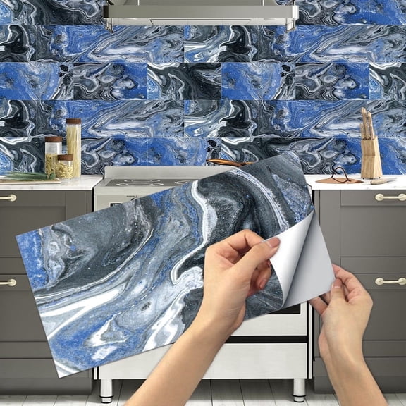 6Pcs Self Adhesive Tiles Wall Stickers Decals 11.8" x 5.9" Blue Gray Marbling Vinyl Peel and Stick Backsplash for Kitchen Bathroom Decor