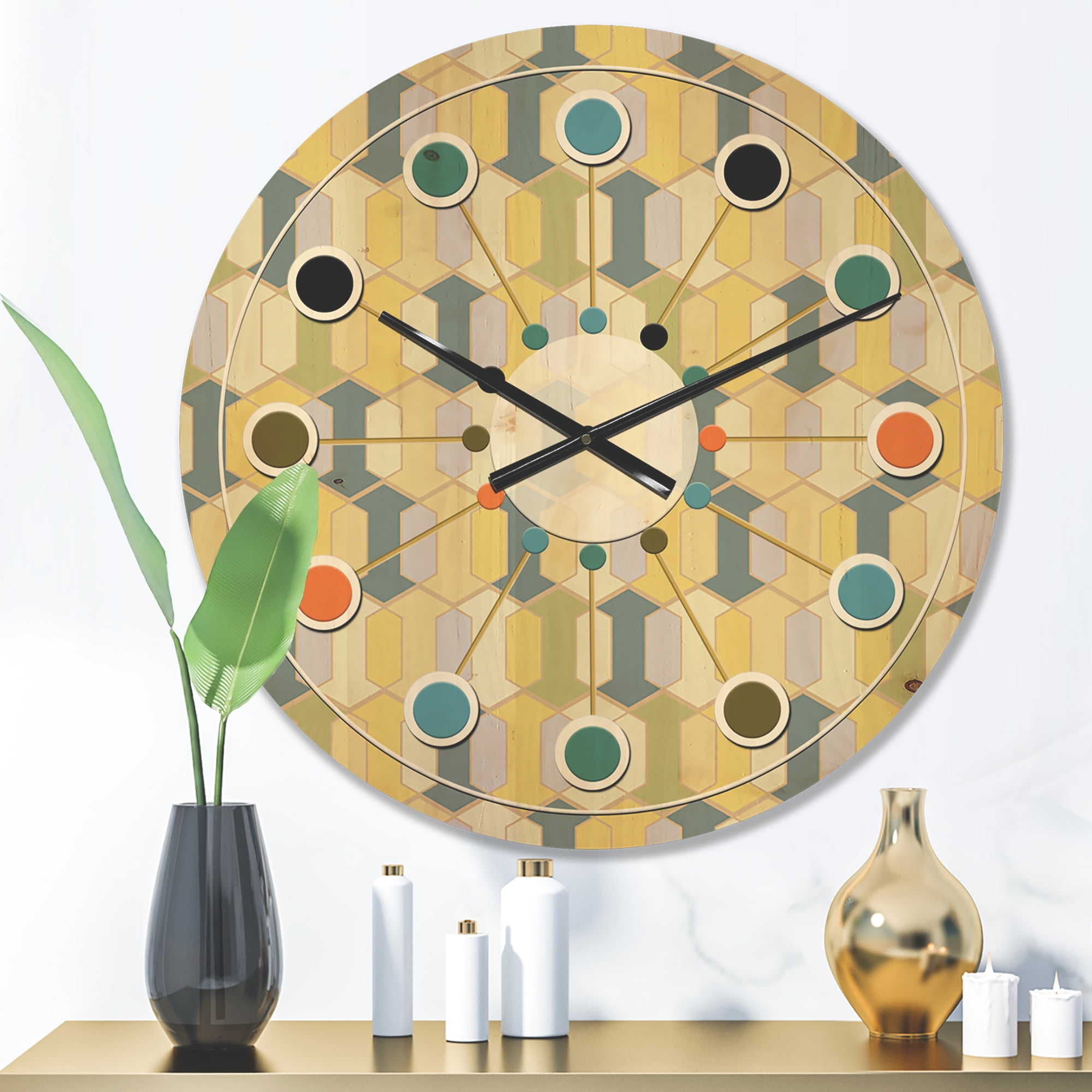 Designart 'Abstract Retro Geometrical Design Pattern II' Mid-Century Modern Wood Wall Clock