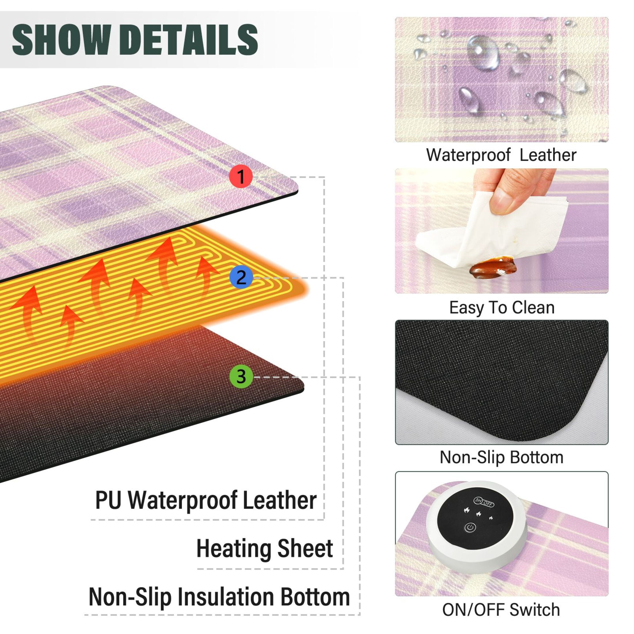 Large Heated Desk Mat Mouse Pad 31.5"x13"PU Leather Graphene Heating Desk Warmer with 3 Temperature Settings 110V US Plug Non-Slip Warm Pad for Home, Office, and Gaming Bright Pink Checkered Pattern