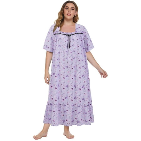 

Womens Nightgown Short Sleeve Printed Sleepshirts Soft Pajama Sleepwear Plus Size Long Nightdress