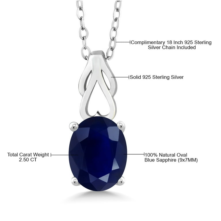 Gem Stone King 925 Sterling Silver Blue Sapphire Pendant Necklace For Women  (2.50 Cttw, Gemstone Birthstone, With 18 inch Silver Chain)