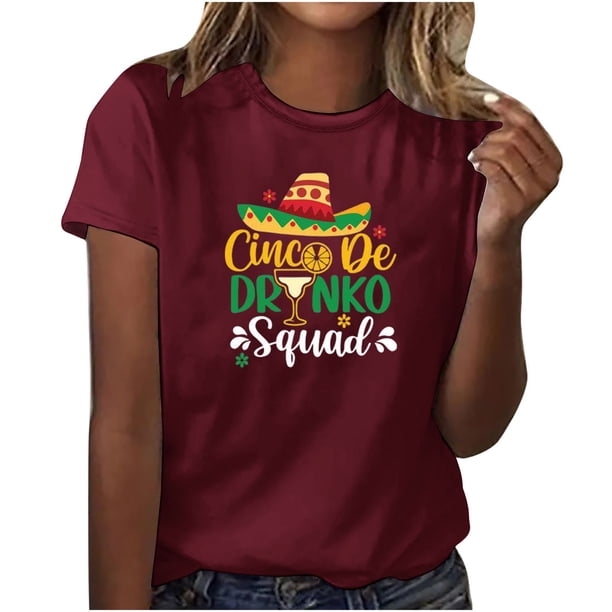 Camisetas de Manga Corta para Mujeres de Longitud Regular de Poliéster Sólido, Camiseta de Fiesta de Mayo Y Blusa Del Festival para la Primavera Y el Verano