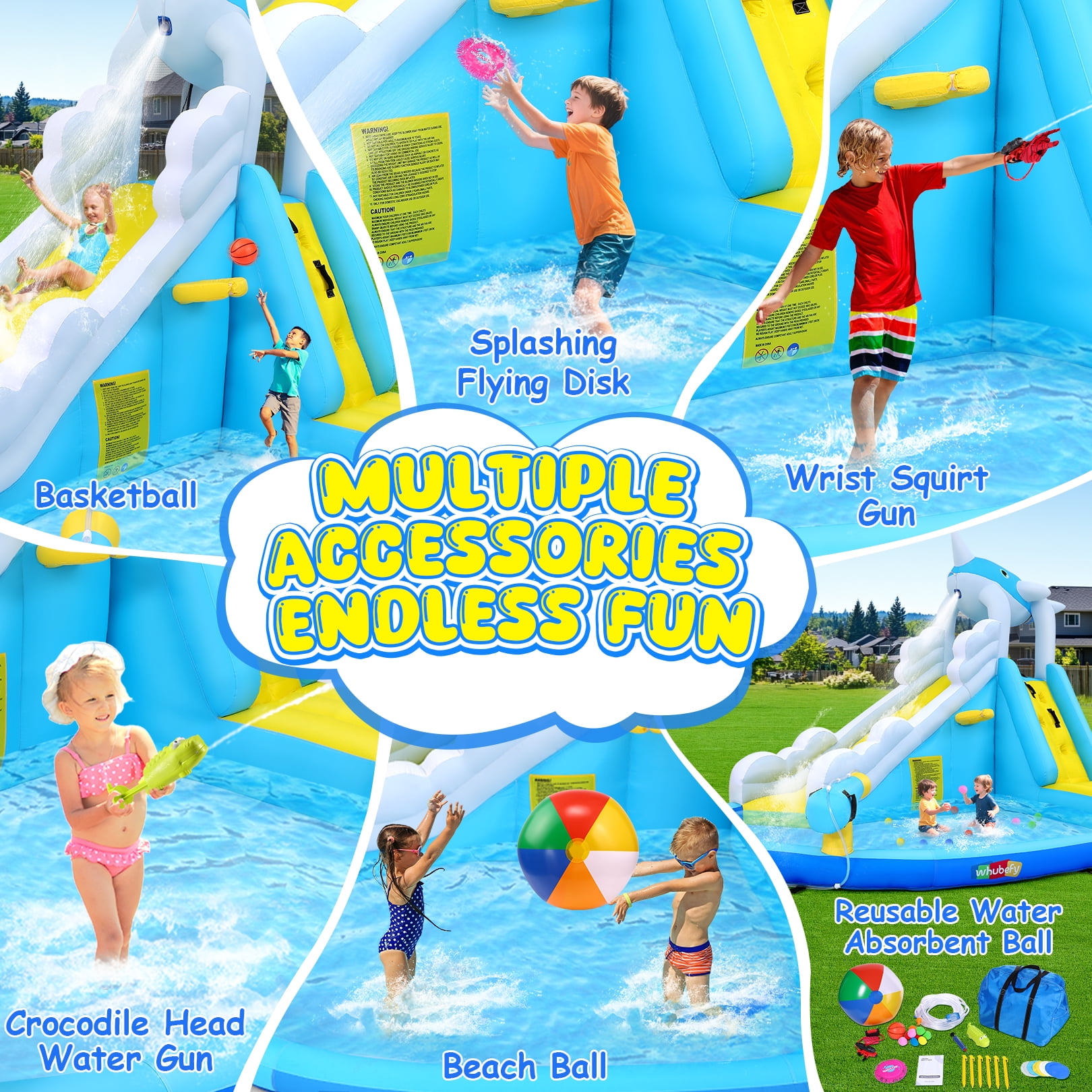 Adnoom Inflatable Water Slide with 480W Blower, Bounce House for Kids Backyard, Bouncy Castle with Large Pool/Basketball Hoop, Inflatable Water Park with Whale Water Slide/Climbing Wall/Water Cannon