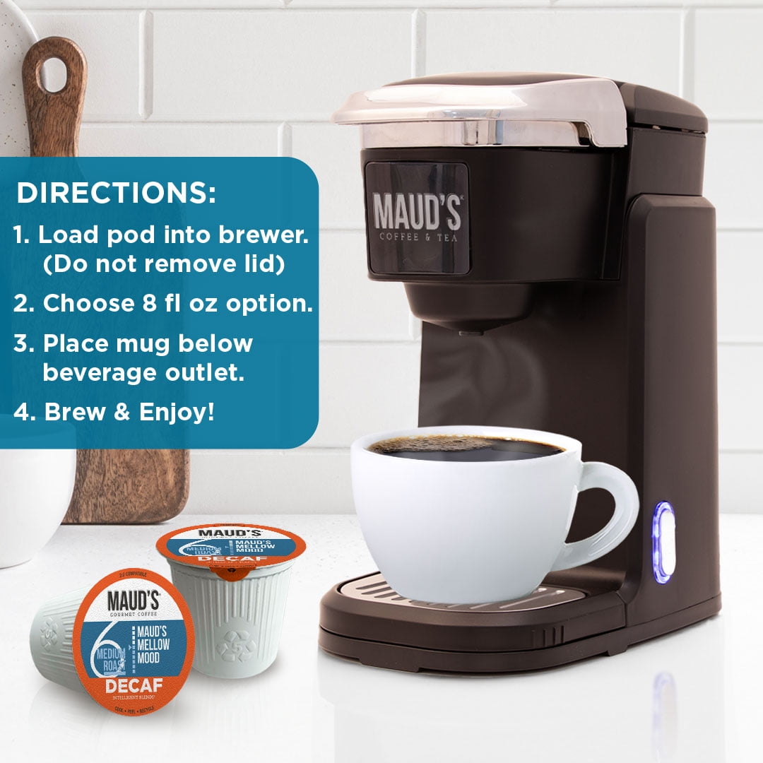Maud's Decaf Dark Medium Roast Coffee Pods, Mellow Mood Decaf, Compatible w/ K-Cup Brewers, 100ct