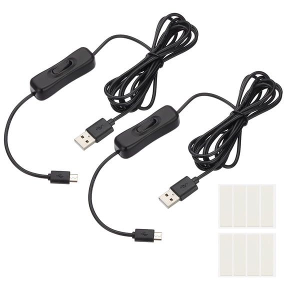 Uxcell 2M USB Cable with ON/Off Switch, 2 Pcs USB Male to Micro USB Male Extension Cord with Foam Double-sided Tape for LED Desk Lamp, Black