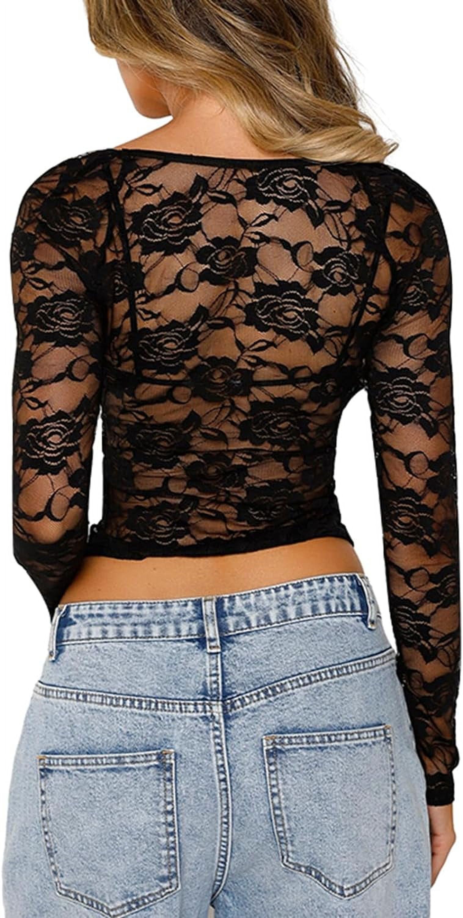 HAHDAXIA Women Y2k Lace Long Sleeve Crop Top Sexy Mesh See