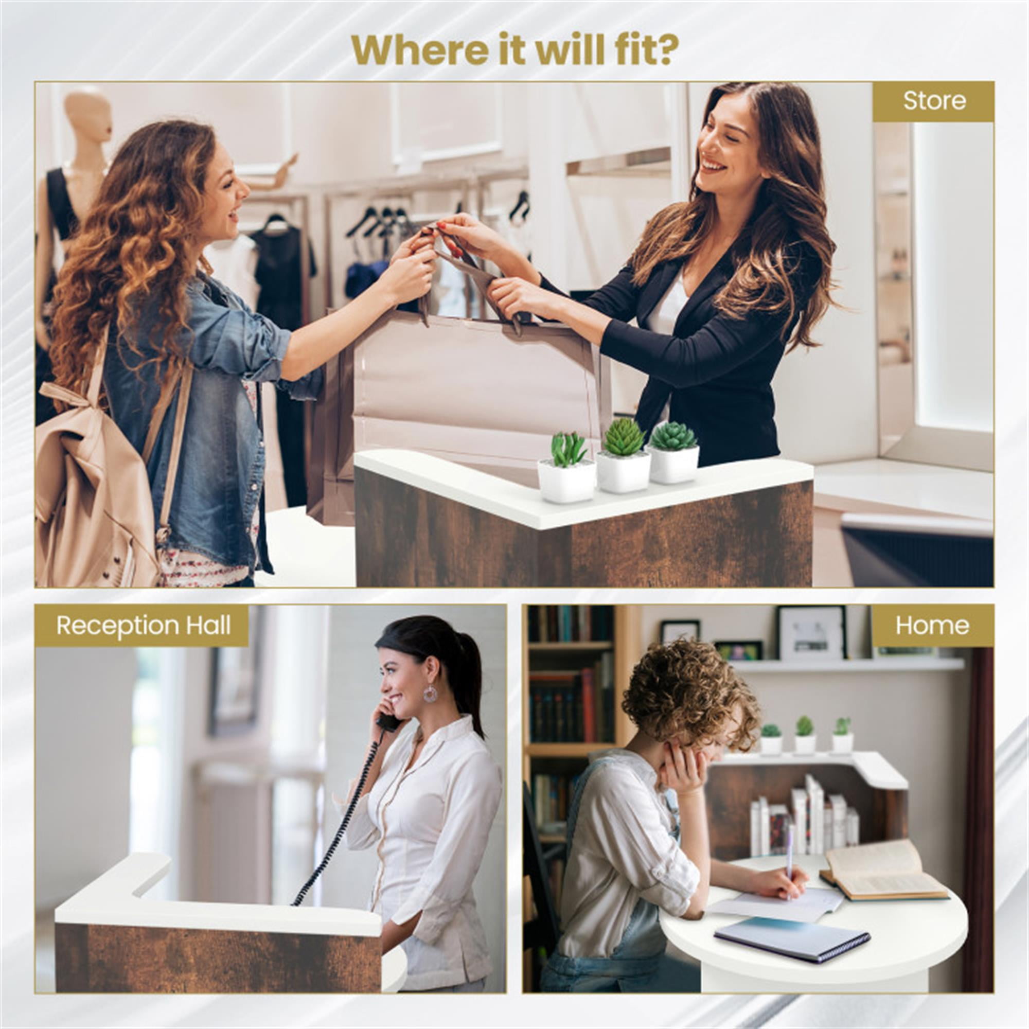 Demi Bonn Front Reception Office Desk with Open Shelf and Lockable Drawer, Small Home Computer Desk Study Writing Table, White + Brown